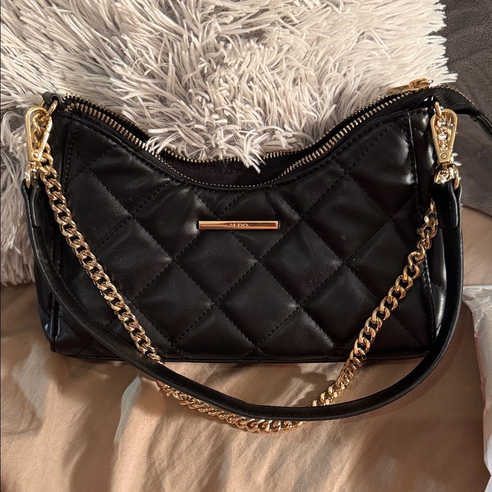 Aldo Black Quilted Shoulder Bag with Gold Chain